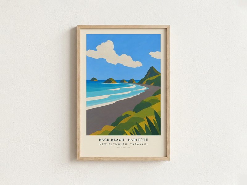BACK BEACH · PARITŪTŪ surf poster in an oak frame on a wall