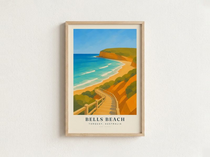 BELLS BEACH surf poster in an oak frame on a wall