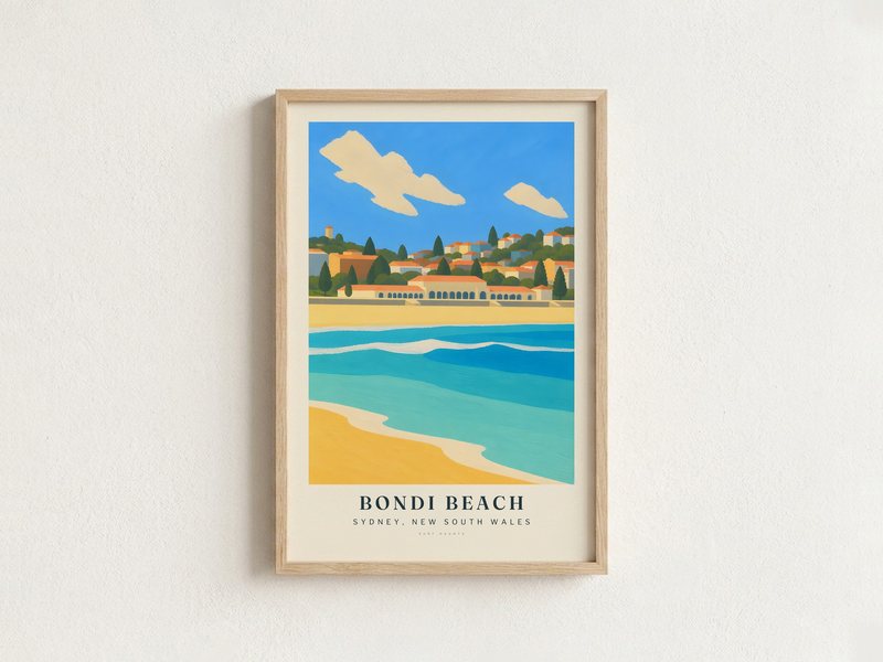 BONDI BEACH surf poster in an oak frame on a wall