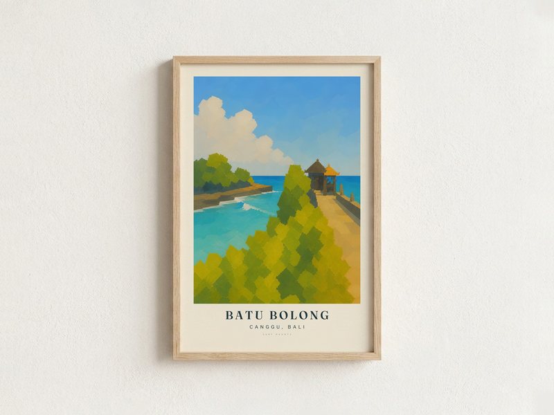 BATU BOLONG surf poster in an oak frame on a wall