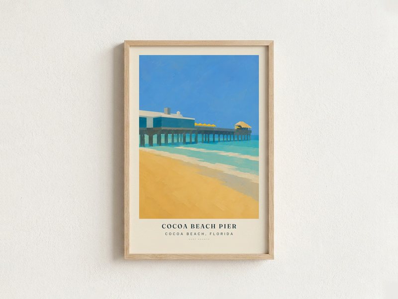 COCOA BEACH PIER surf poster in an oak frame on a wall