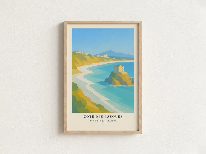 CÔTE DES BASQUES surf poster in an oak frame on a wall