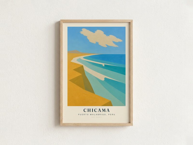 CHICAMA surf poster in an oak frame on a wall