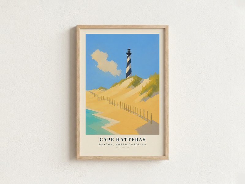 CAPE HATTERAS surf poster in an oak frame on a wall