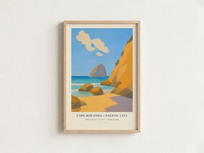 CAPE KIWANDA / PACIFIC CITY surf poster in an oak frame on a wall