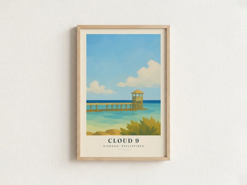 CLOUD 9 surf poster in an oak frame on a wall