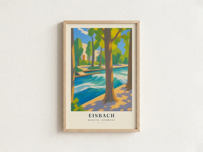 EISBACH surf poster in an oak frame on a wall