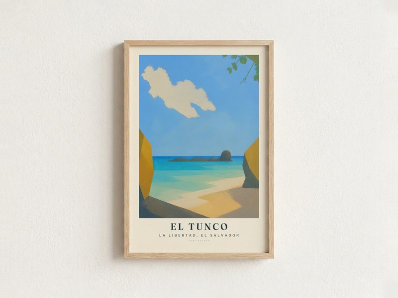 EL TUNCO surf poster in an oak frame on a wall