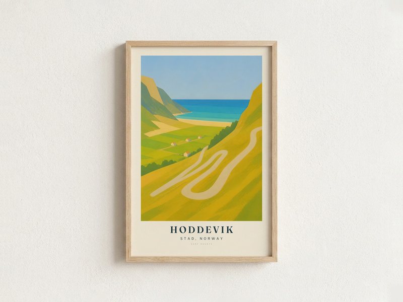 HODDEVIK surf poster in an oak frame on a wall