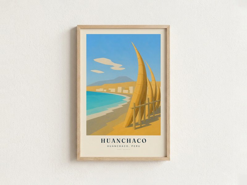 HUANCHACO surf poster in an oak frame on a wall