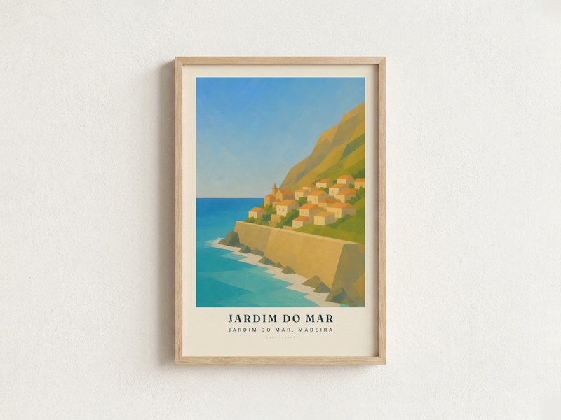 JARDIM DO MAR surf poster in an oak frame on a wall
