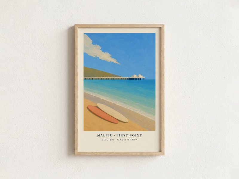 MALIBU · FIRST POINT surf poster in an oak frame on a wall