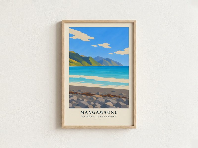 MANGAMAUNU surf poster in an oak frame on a wall