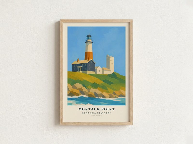 MONTAUK POINT surf poster in an oak frame on a wall
