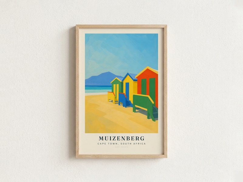 MUIZENBERG surf poster in an oak frame on a wall