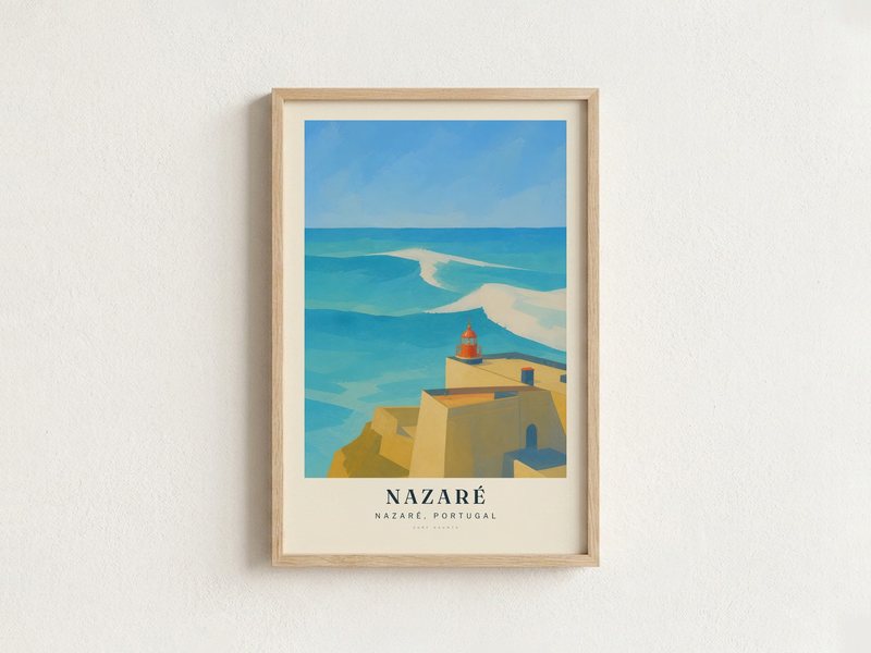 NAZARÉ surf poster in an oak frame on a wall