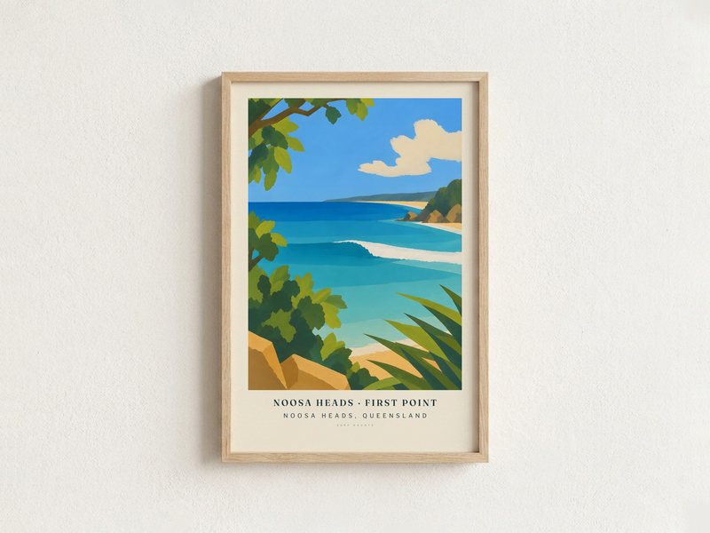 NOOSA HEADS · FIRST POINT surf poster in an oak frame on a wall