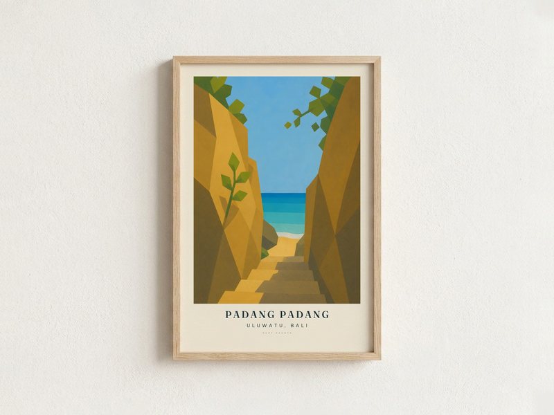 PADANG PADANG surf poster in an oak frame on a wall