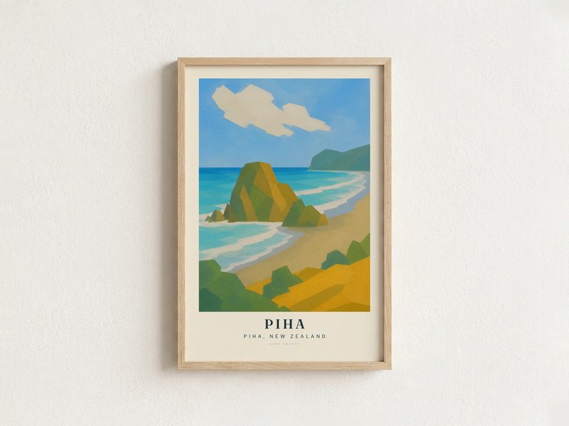 PIHA surf poster in an oak frame on a wall