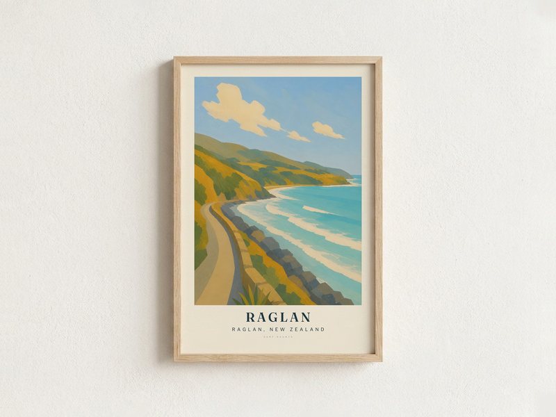 RAGLAN surf poster in an oak frame on a wall