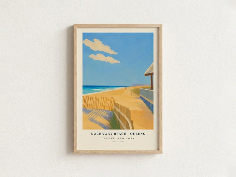 ROCKAWAY BEACH · QUEENS surf poster in an oak frame on a wall