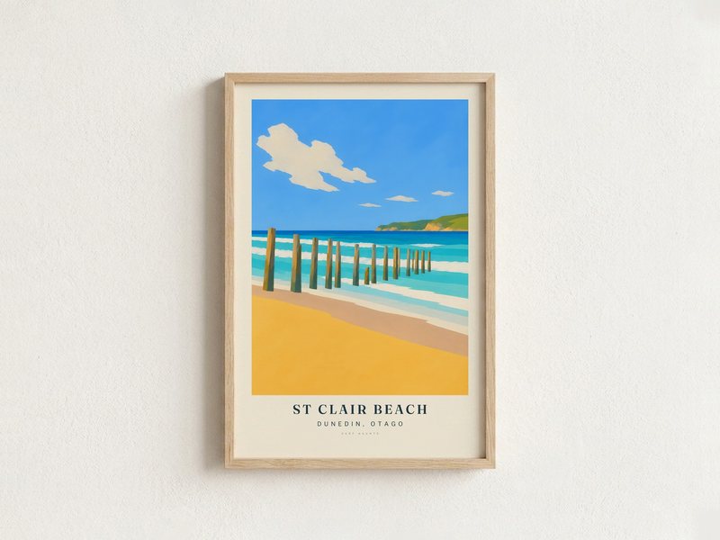 ST CLAIR BEACH surf poster in an oak frame on a wall