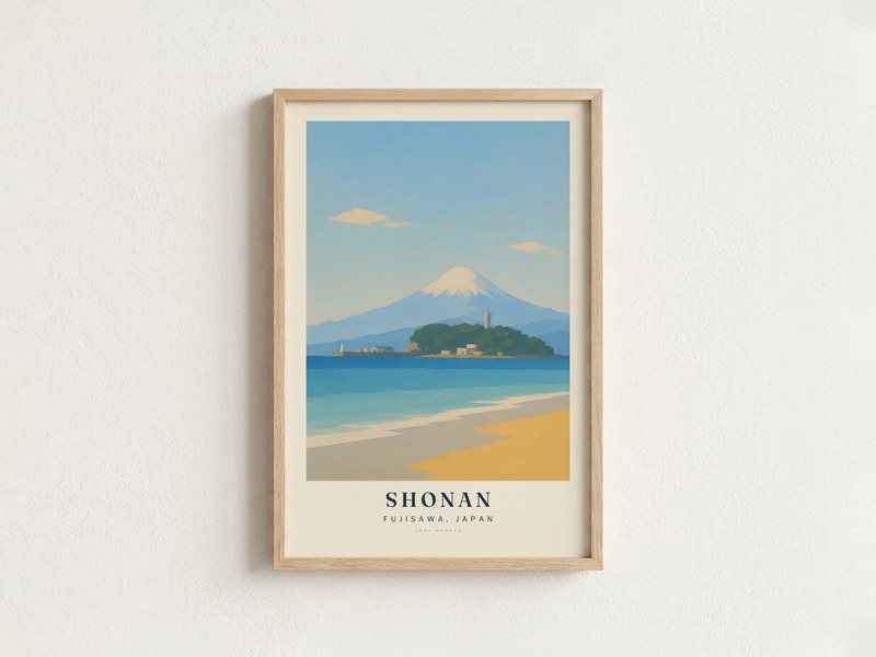 SHONAN surf poster in an oak frame on a wall