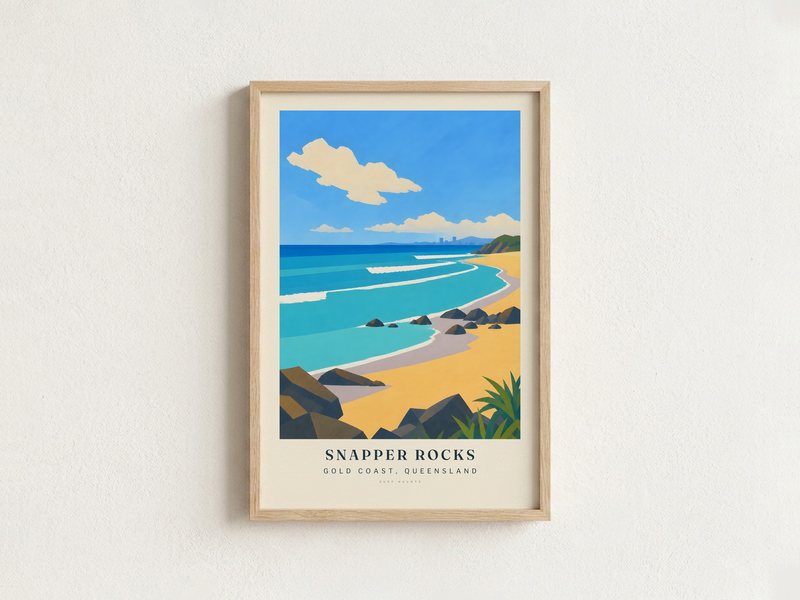 SNAPPER ROCKS surf poster in an oak frame on a wall