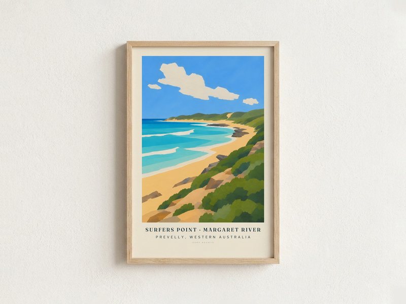 SURFERS POINT · MARGARET RIVER surf poster in an oak frame on a wall