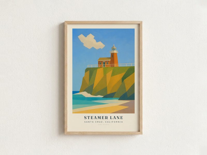 STEAMER LANE surf poster in an oak frame on a wall