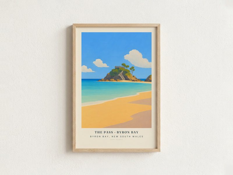 THE PASS · BYRON BAY surf poster in an oak frame on a wall