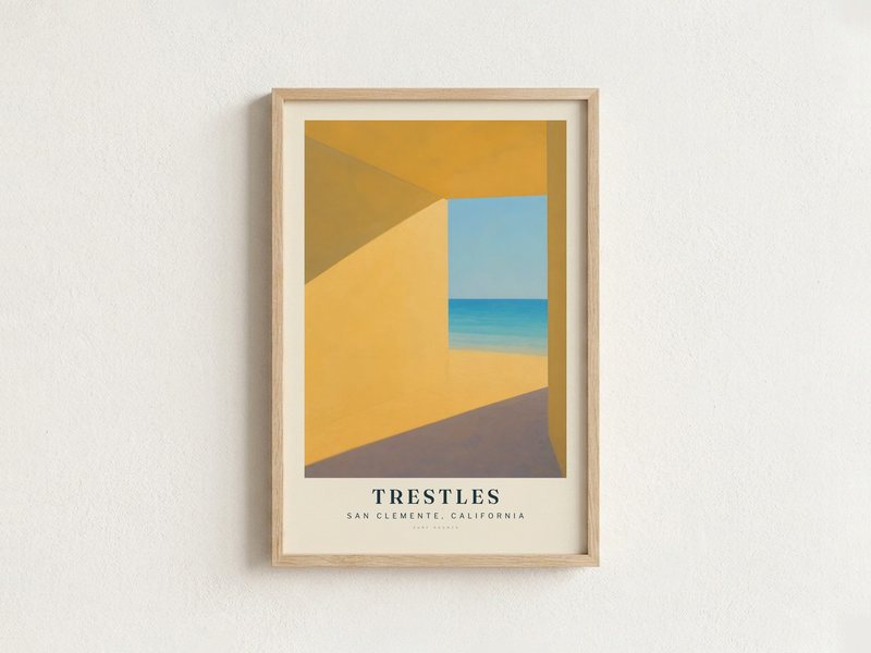 TRESTLES surf poster in an oak frame on a wall