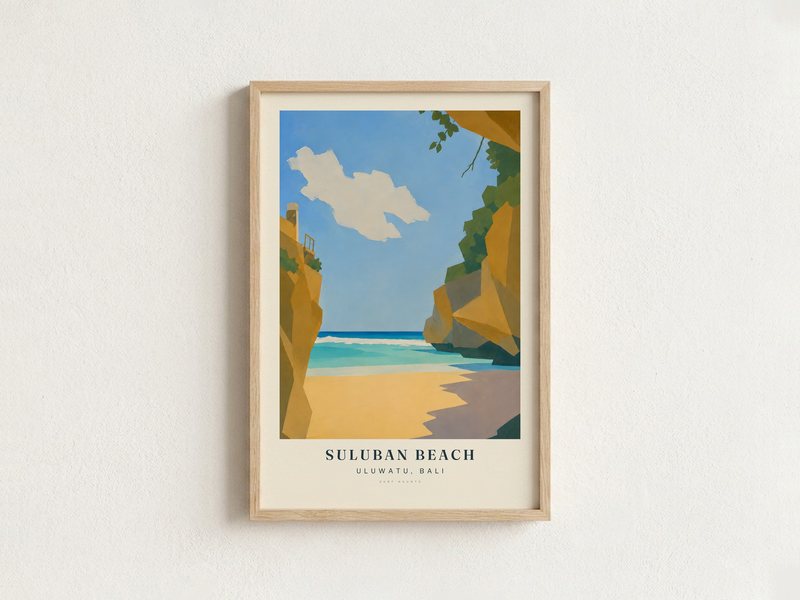 SULUBAN BEACH surf poster in an oak frame on a wall