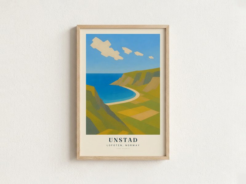UNSTAD surf poster in an oak frame on a wall