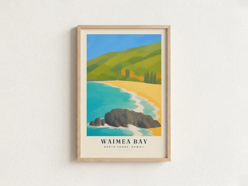 WAIMEA BAY surf poster in an oak frame on a wall