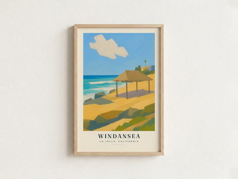 WINDANSEA surf poster in an oak frame on a wall