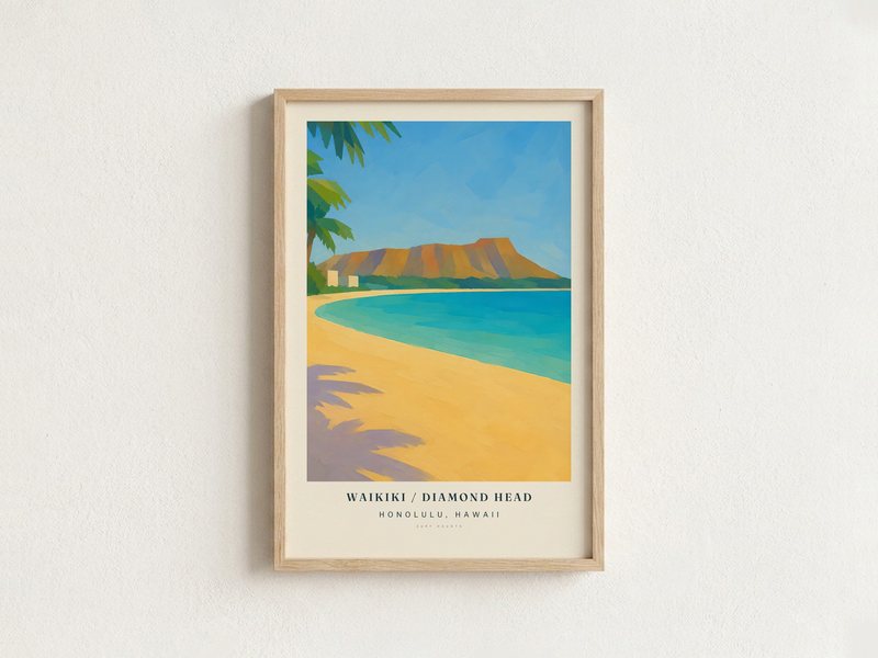 WAIKIKI / DIAMOND HEAD surf poster in an oak frame on a wall
