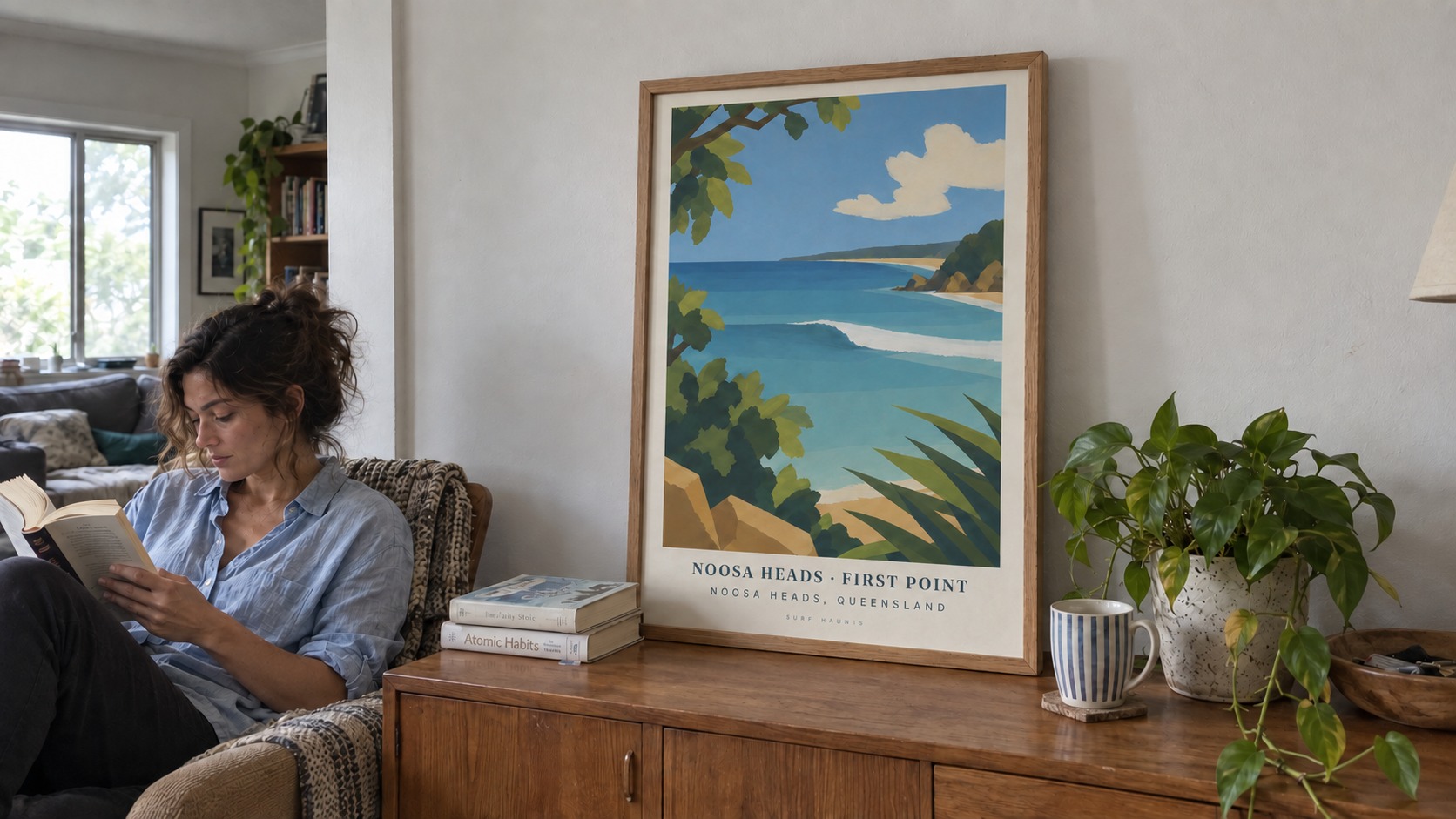 The Noosa Heads poster on a wooden sideboard in natural daylight, woman reading nearby