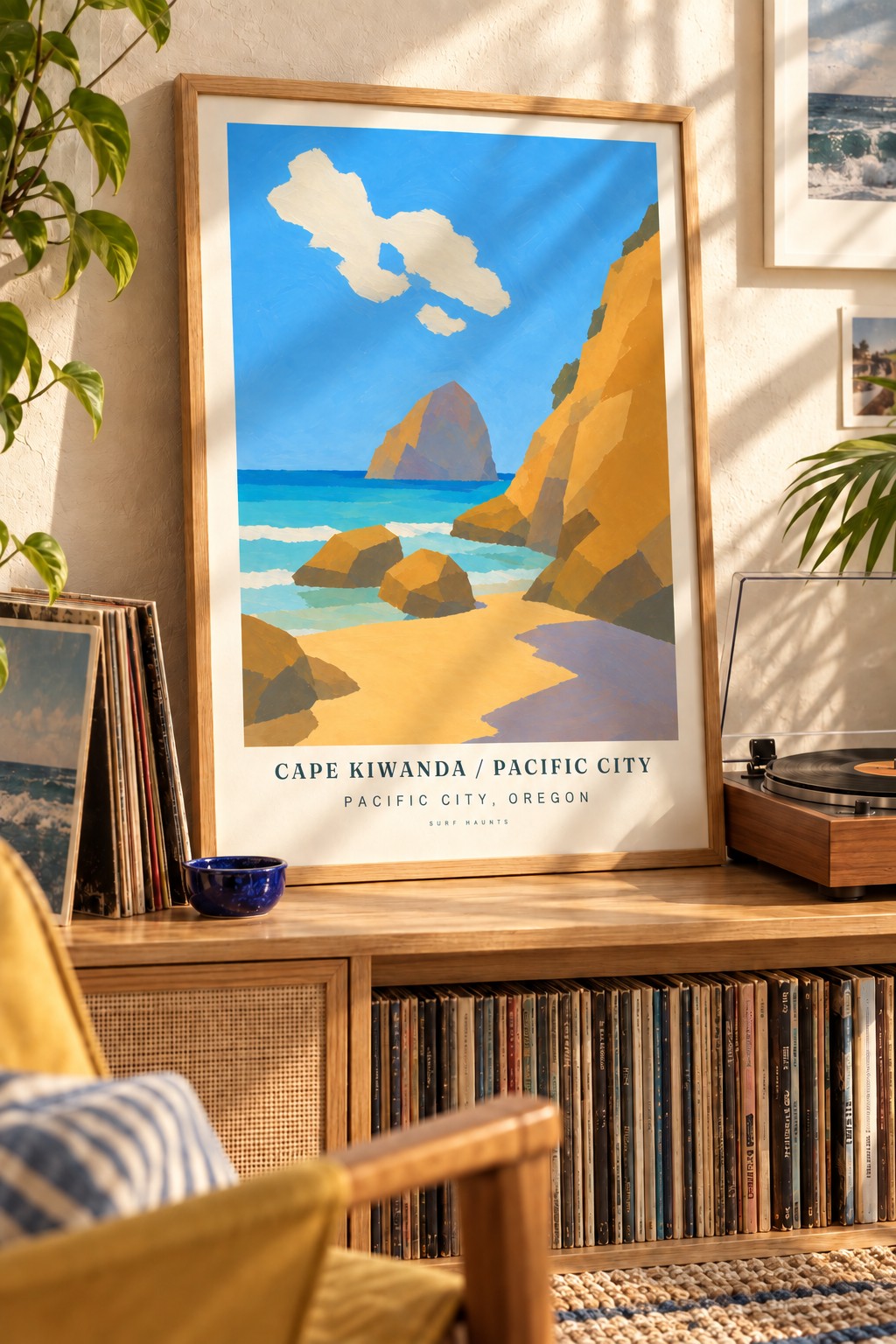 Cape Kiwanda / Pacific City surf poster, framed on a sunlit wall