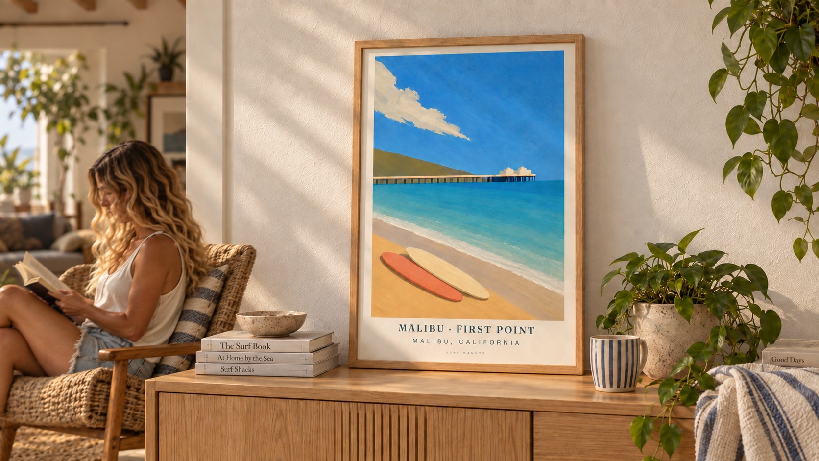 The Malibu · First Point poster on a sunlit sideboard, woman reading nearby