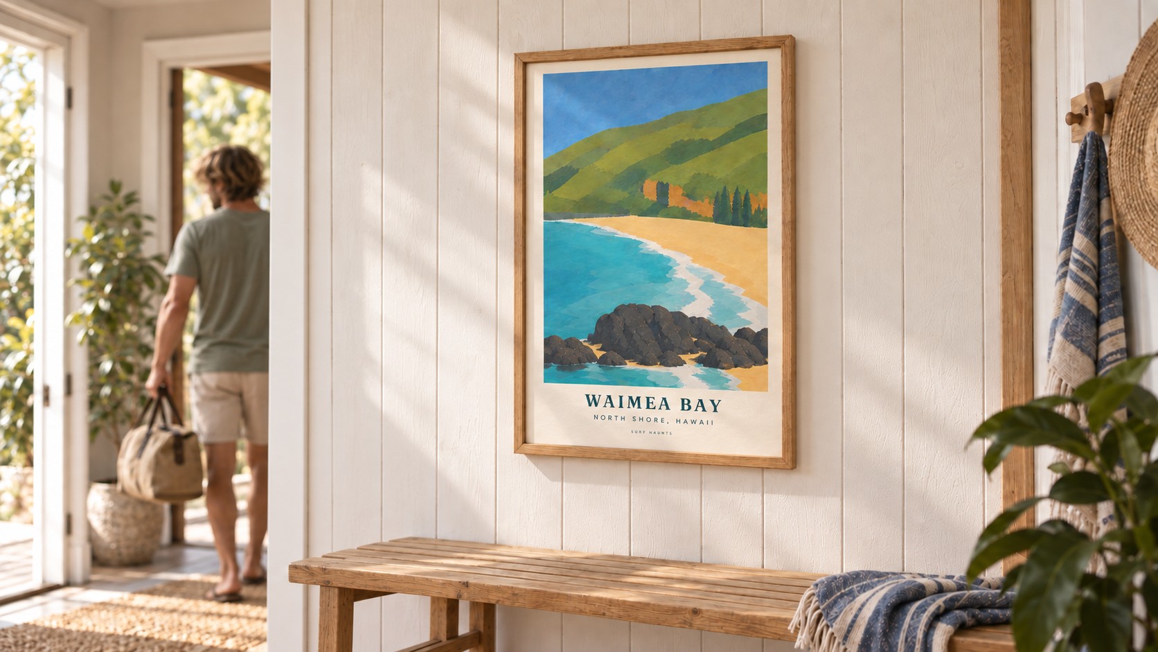 The Waimea Bay poster hanging in a sunlit entryway