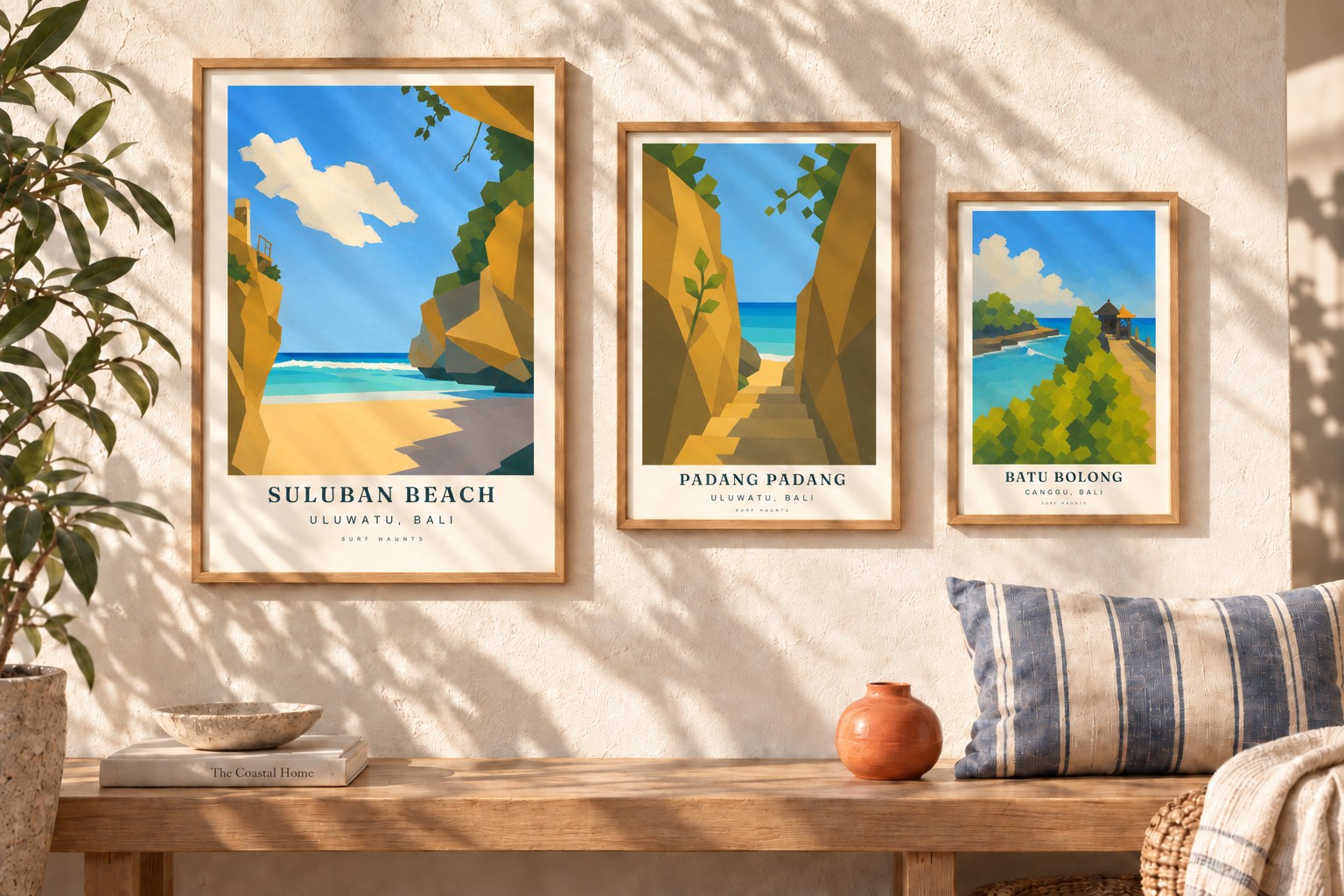 Suluban Beach, Padang Padang and Batu Bolong surf posters, three framed prints on a sunlit wall