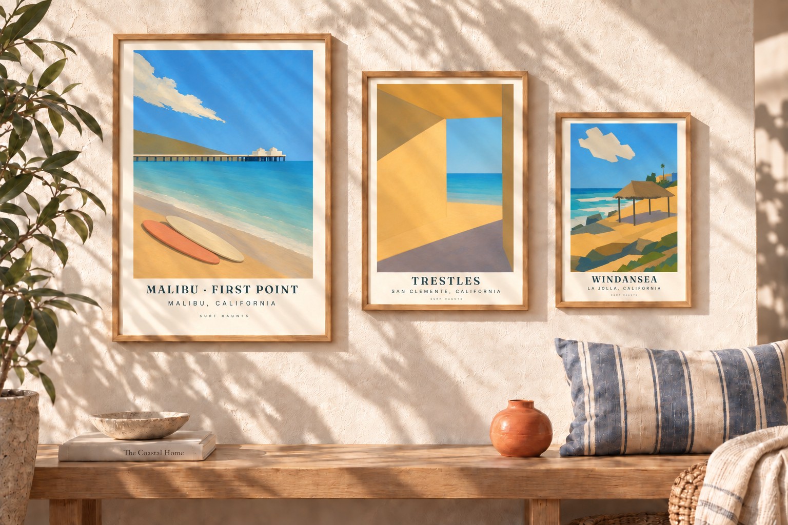 Trestles, Windansea and Malibu surf posters, three framed prints on a sunlit wall