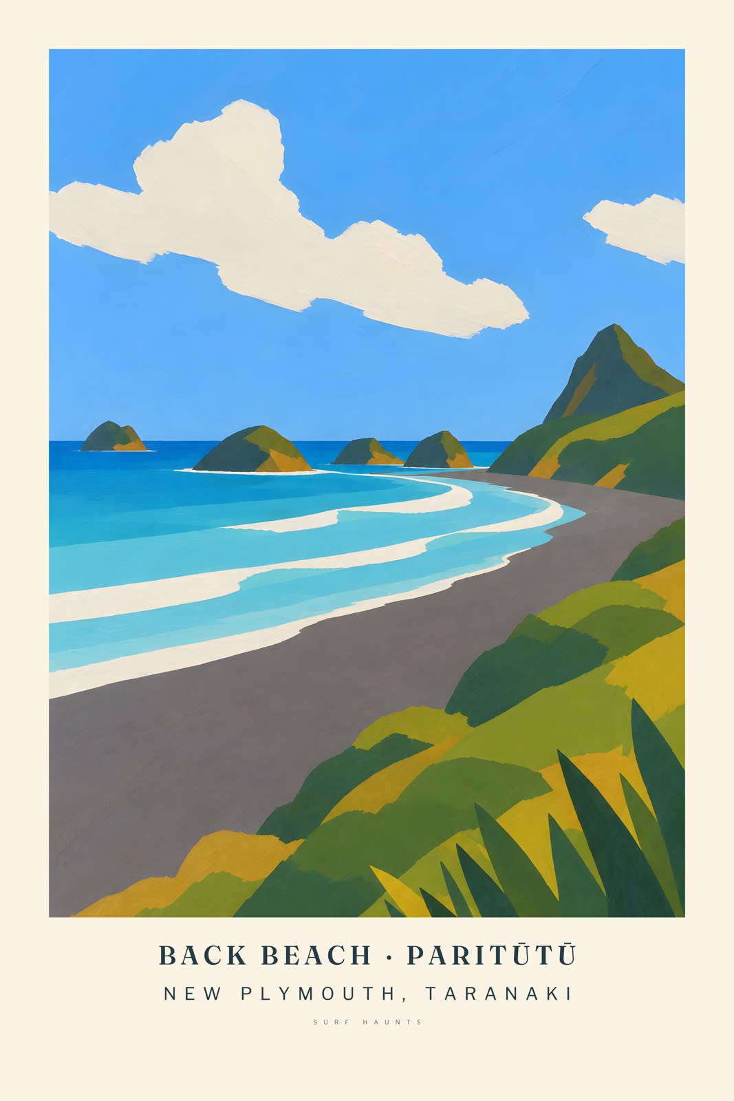 Painted Back Beach poster with Paritūtū at right, Ngā Motu offshore, dark sand, white surf bands and green foreground plants.