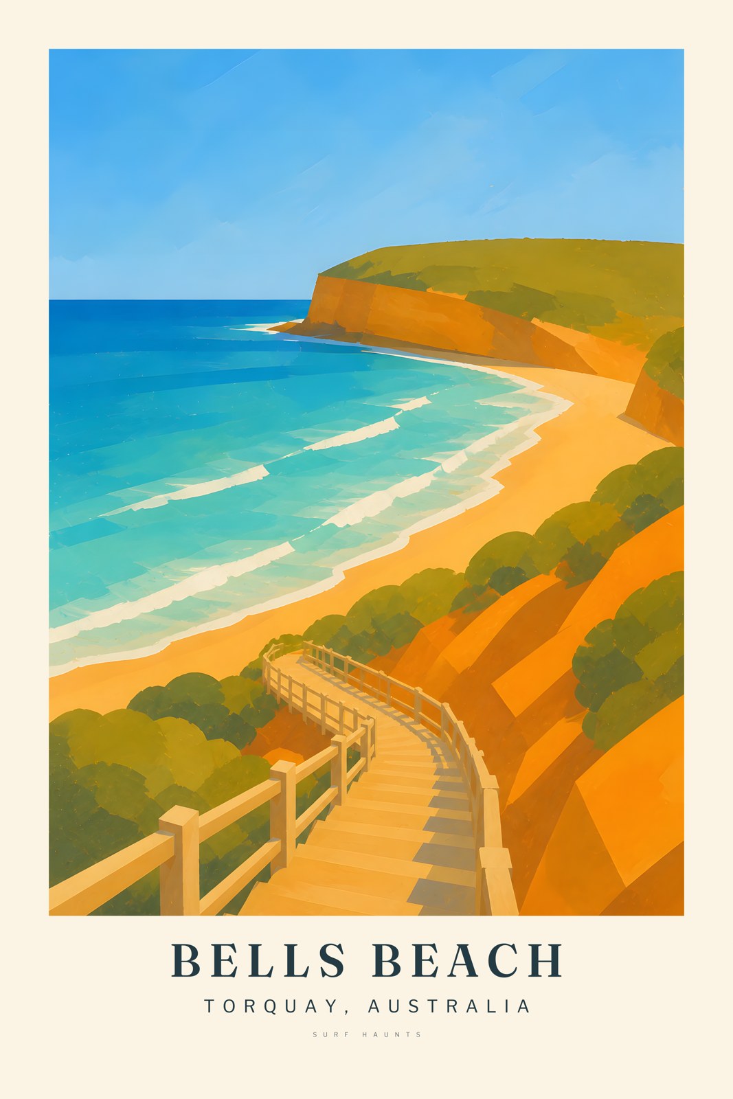 Pale stairs descend through orange cliffs and green shrubs toward a curving yellow beach, turquoise bay and broad headland at Bells Beach, Victoria.