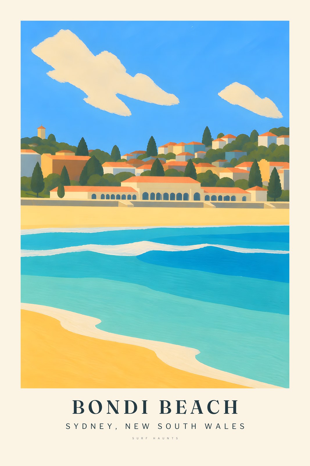 Painted Bondi Beach poster with Bondi Pavilion, yellow sand, turquoise water and a simplified Sydney hillside under a blue sky.
