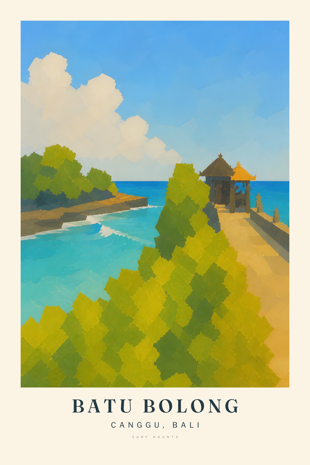 Ochre path beside dense green foliage leads toward two small temple roofs above dark rock and turquoise water at Batu Bolong in Canggu, Bali.