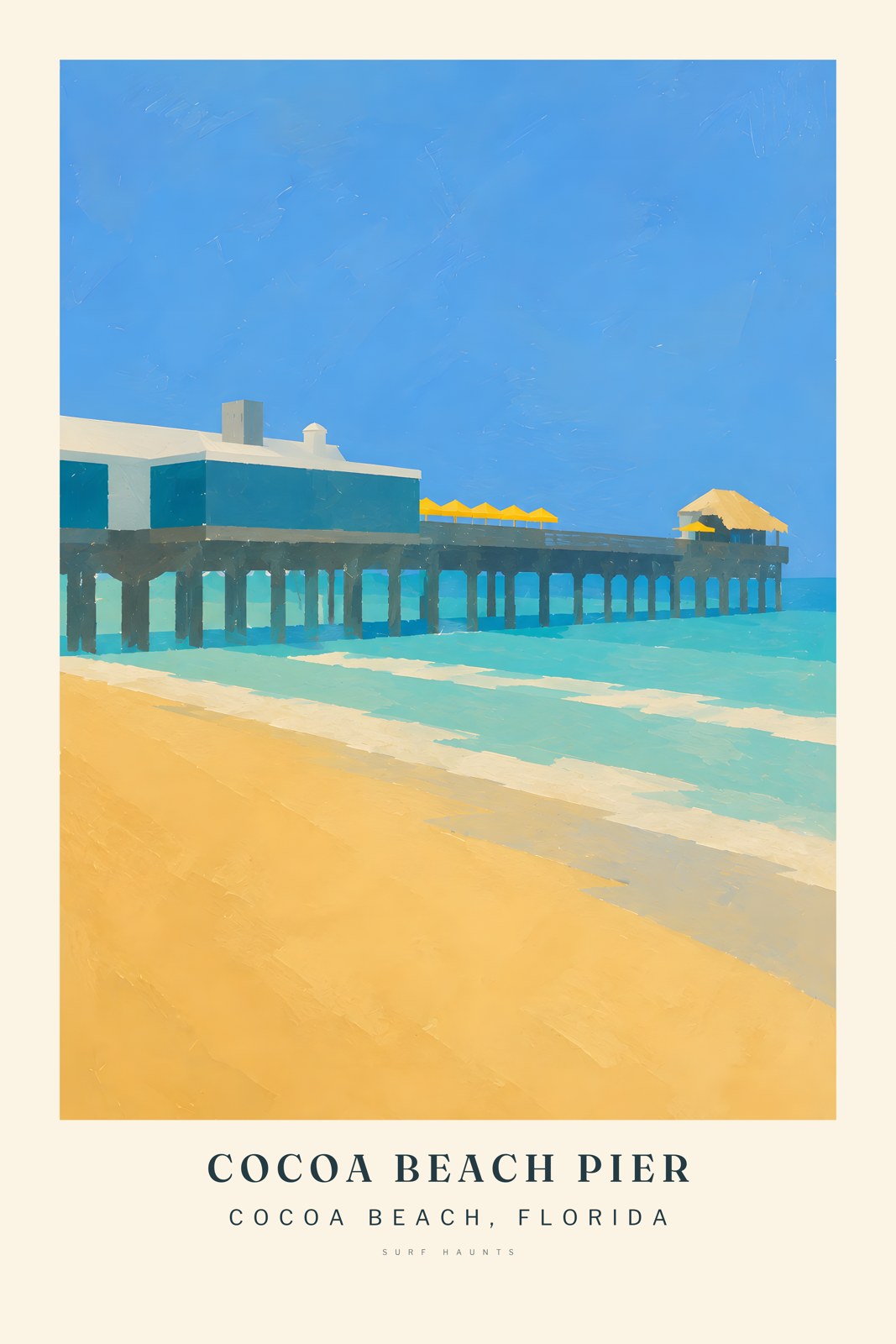 Cocoa Beach Pier extends above turquoise Atlantic water, with dark supports, a pale blue building, yellow umbrellas and a warm end shelter.