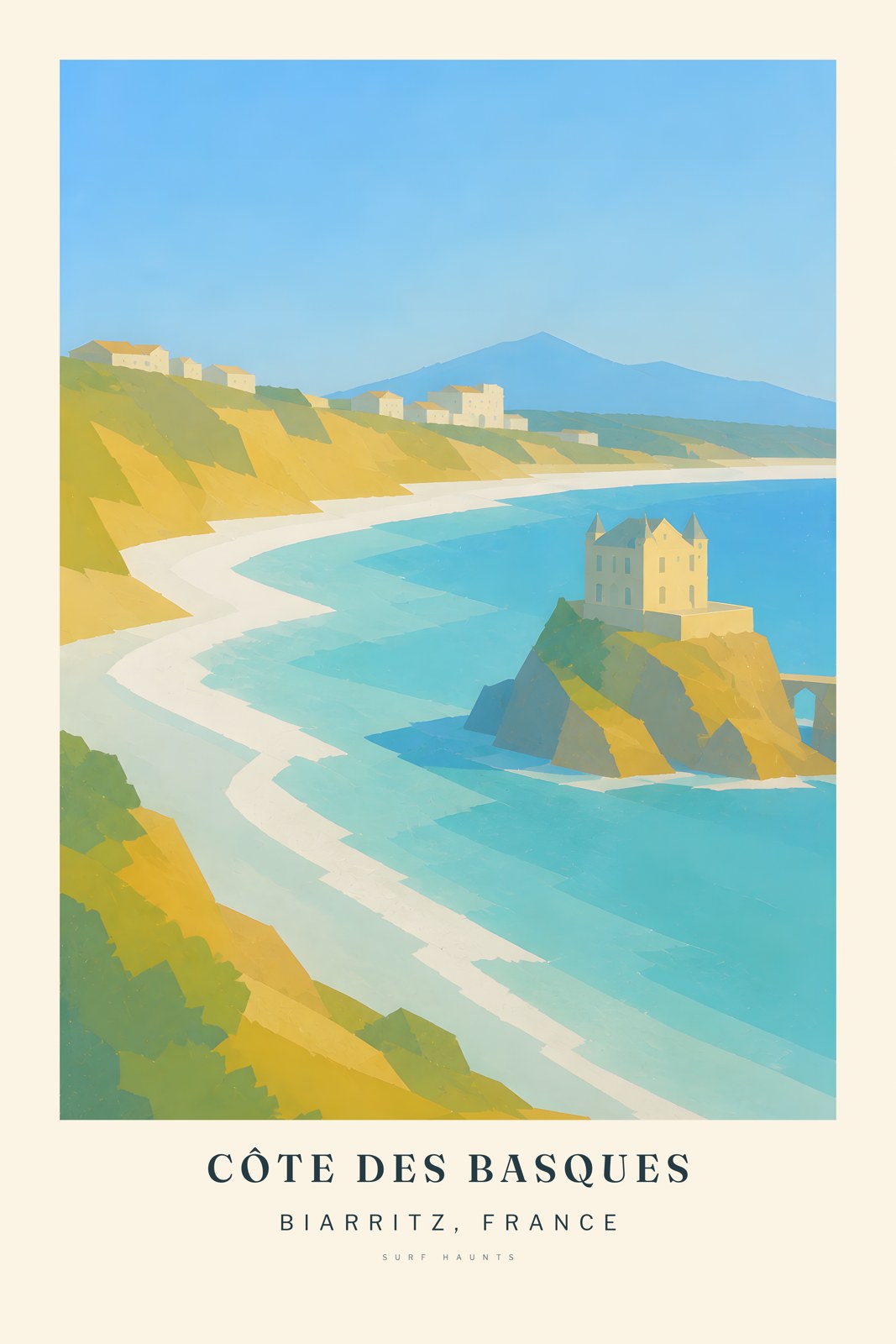 Pale turreted Villa Belza stands on an ochre rock above turquoise water, with the long Côte des Basques beach and Biarritz cliffs curving behind.