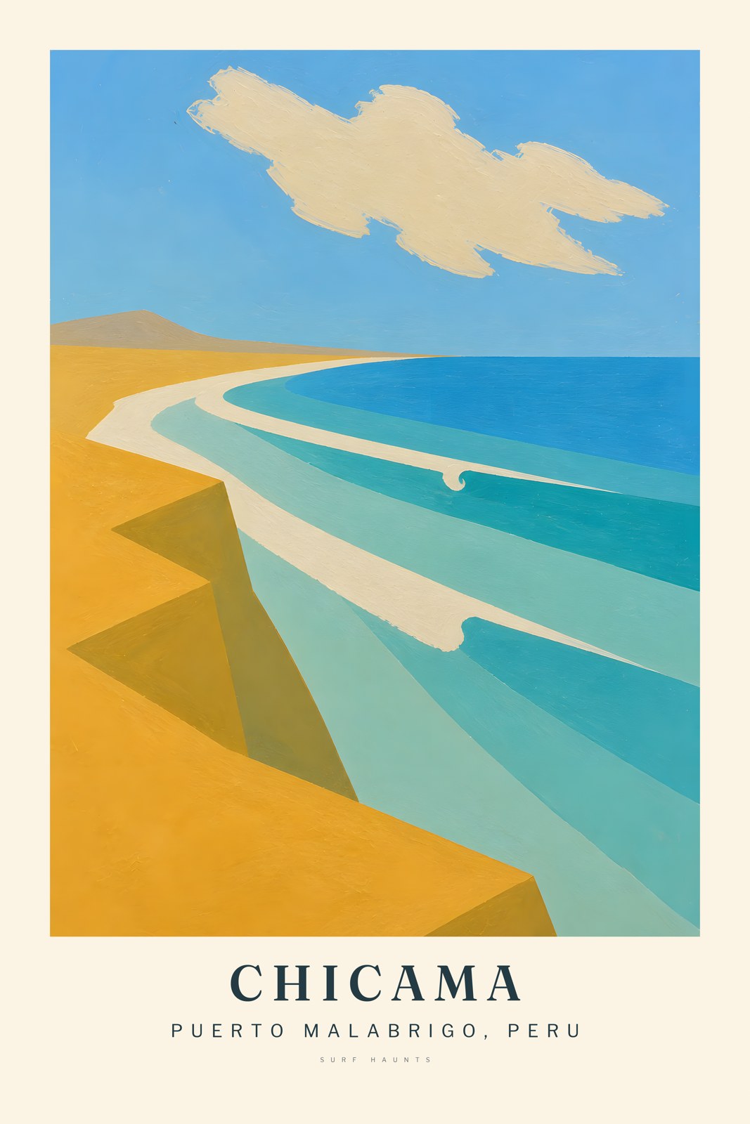Ochre desert cliffs border a curving turquoise bay with three long pale wave lines and one cream cloud in a vertical Chicama poster.